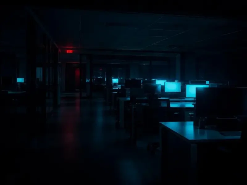 夜晚空荡的办公走廊,冷蓝色灯光与绿色指示牌微光